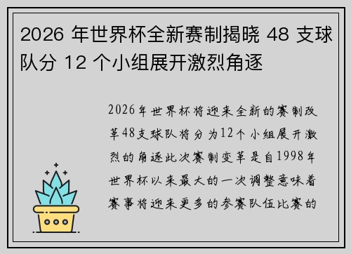2026 年世界杯全新赛制揭晓 48 支球队分 12 个小组展开激烈角逐
