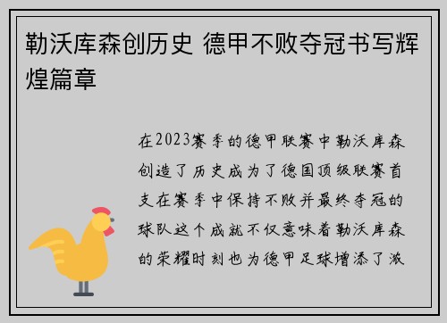 勒沃库森创历史 德甲不败夺冠书写辉煌篇章