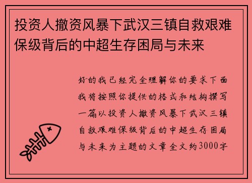 投资人撤资风暴下武汉三镇自救艰难保级背后的中超生存困局与未来