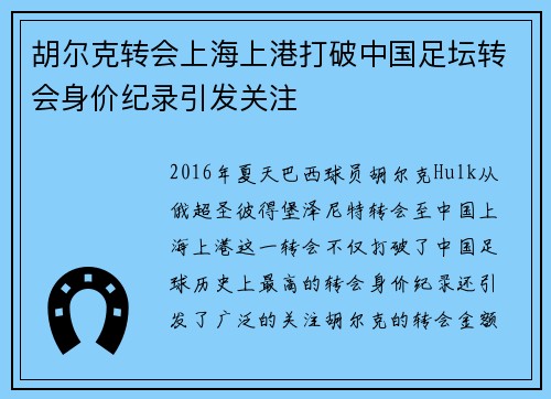 胡尔克转会上海上港打破中国足坛转会身价纪录引发关注