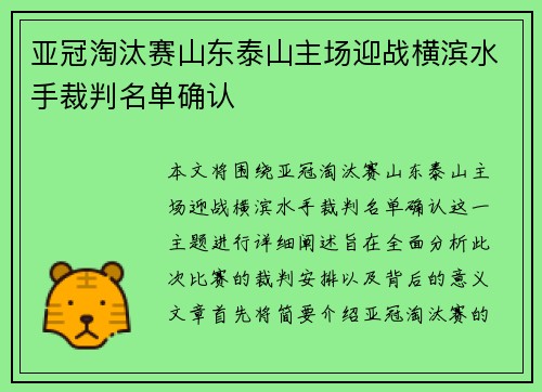 亚冠淘汰赛山东泰山主场迎战横滨水手裁判名单确认